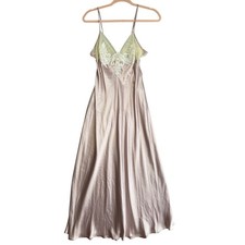 Vintage Y2K Pink Liquid Satin Midi Nightgown S Cream Lace Beaded Slip Dress