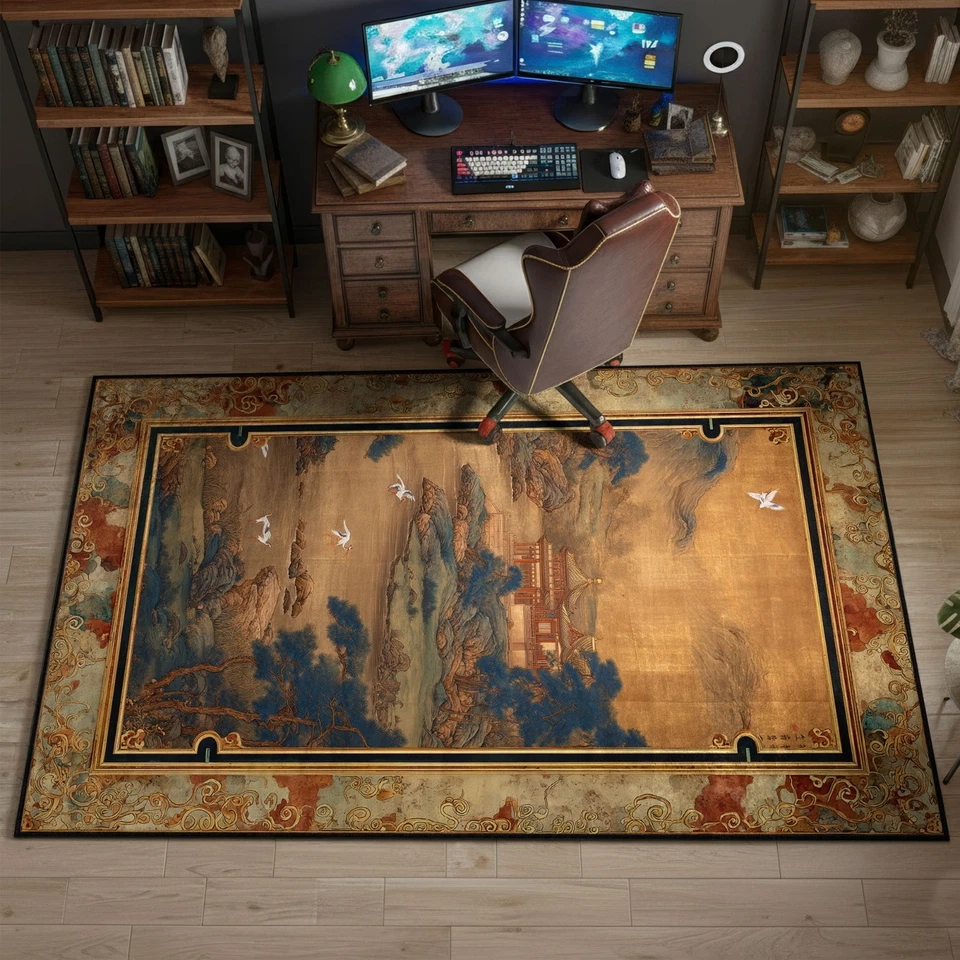 Alfombra de paisaje chino vintage, alfombra de arte asiático, alfombra de pintura Shan Shui Foto 2 de 4