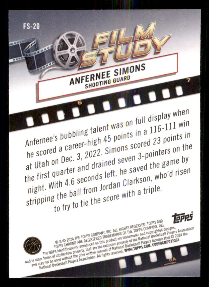 2023-24 Topps Chrome Film Study #FS20 Anfernee Simons - Image 2 of 2