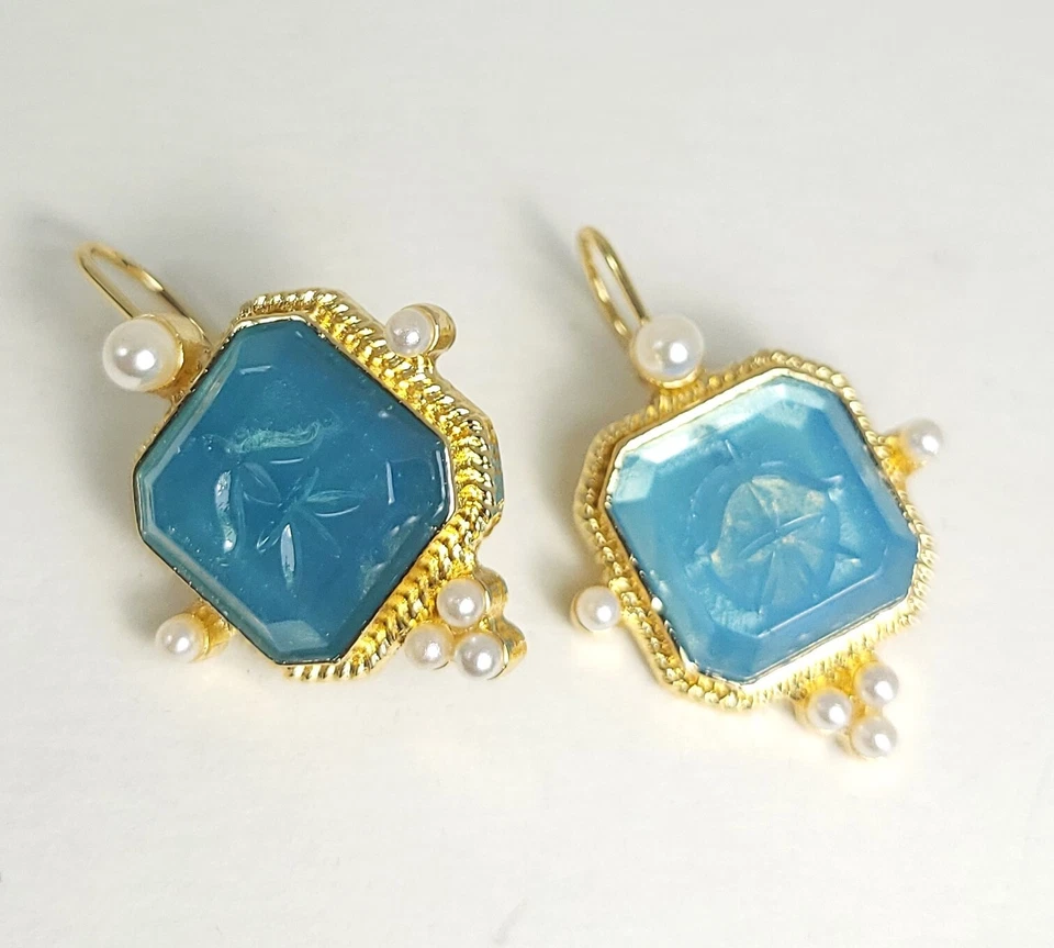 Pendientes Intaglio Vintage Estilo Art Deco Cuadrados Azul Biselado Semilla Perla Acentos Foto 3 de 4