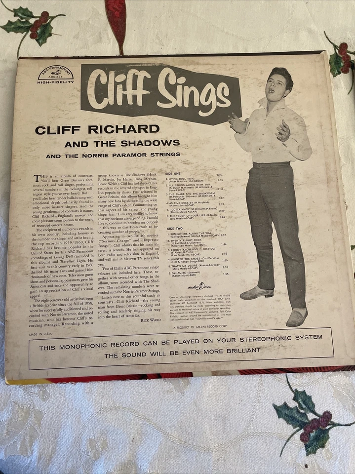 PROMO Cliff Richard and the Shadows Cliff Sings 1960 Mono LP  - Image 2 of 4
