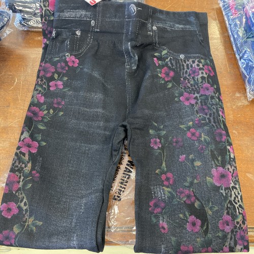 Leggix Brand Faux Denim Leggings Floral One Size Black Floral NWT