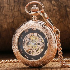 Antique Rose Golden Mechanical Hand Winding Pocket Watch Pendant Roman Numerals