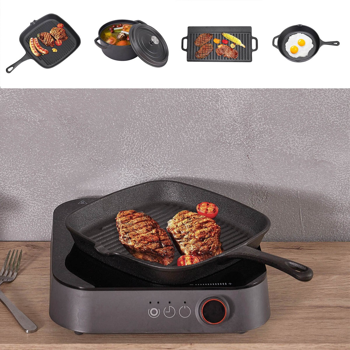 Induction Non Stick Cast Iron Griddle Pan Skillet BBQ Grill Pot