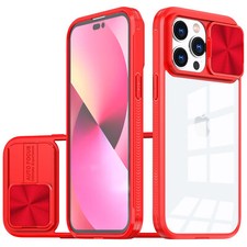 HD Transparent Case with Camera Privacy Cover for iPhone 15 Pro Max - Red