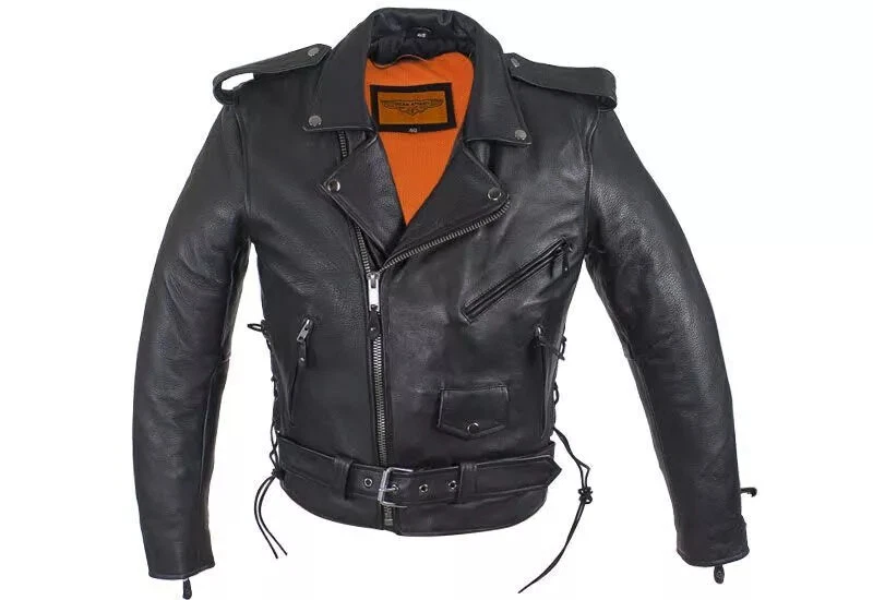 Men's Leather Black Motorcycle Biker Racer Jacket With Orange Inner And Belt