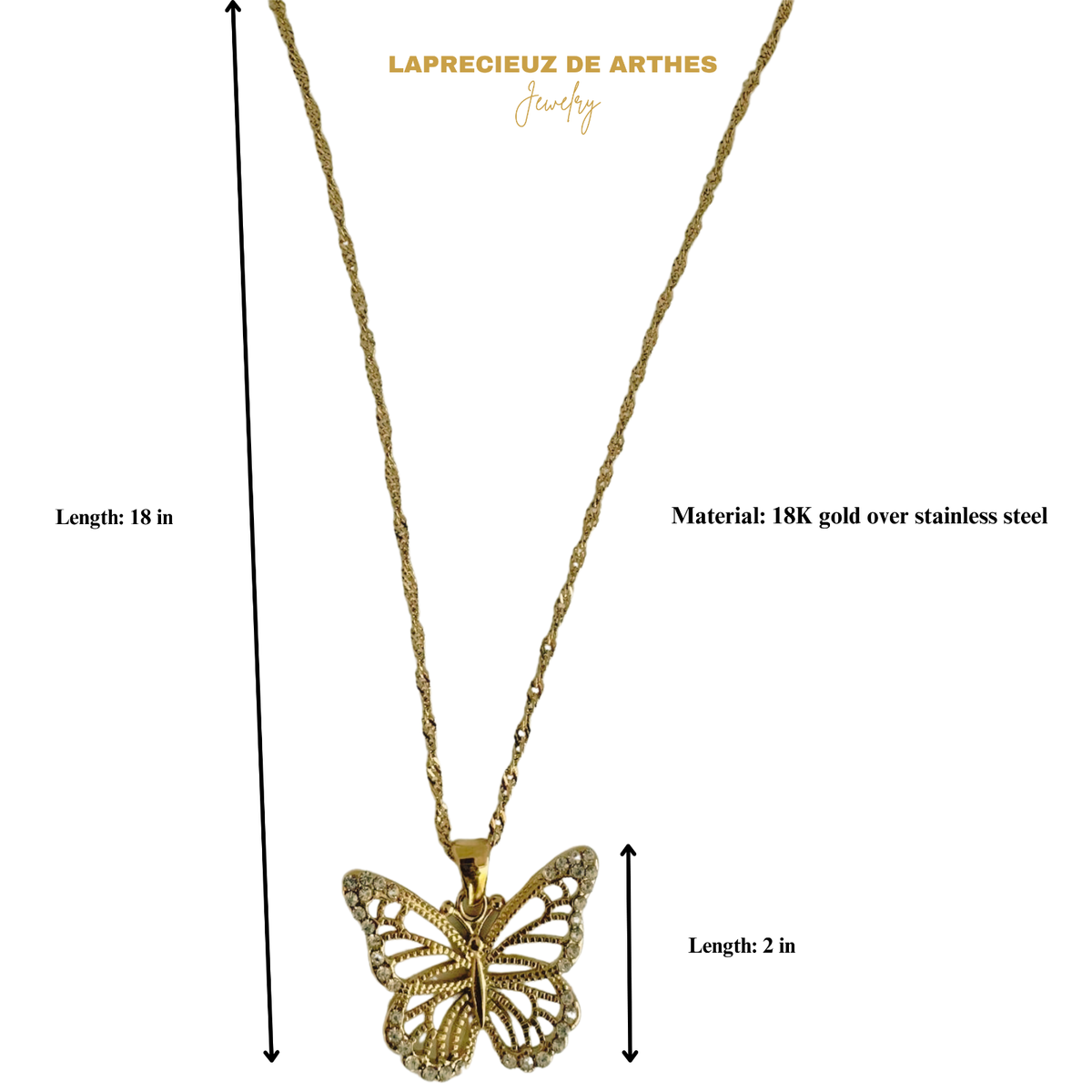 Unique Butterfly Pendant Necklace 18K Gold over Stainless
