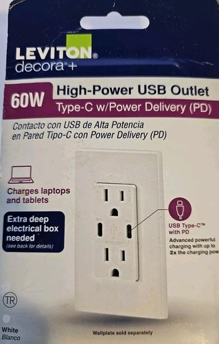 Leviton Decora 15 Amp Tamper Resistant Duplex Outlet with 60W USB-C Power Delive