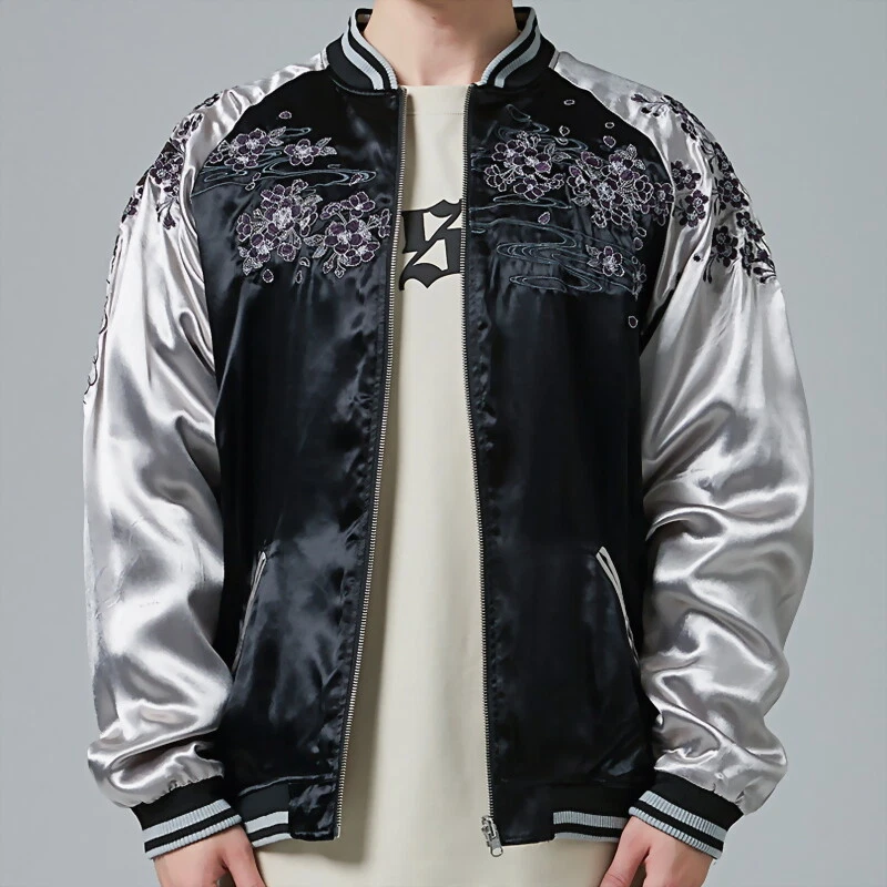 Mens Souvenir Jacket Reversible Japanese Pattern Embroidery Sukajan Wolf Beast