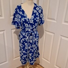 Linen Blend Floral Blue White Belted Shift Dress H & M Brand Sz Small Oversized