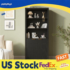 71" Tall 5-Tier Bookcase with Fluted Doors, Storage Cabinet Adjustable Shelf