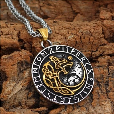 Wikinger Odin Wolf Fenrir Anhänger Halskette, Herren Gold&Silber