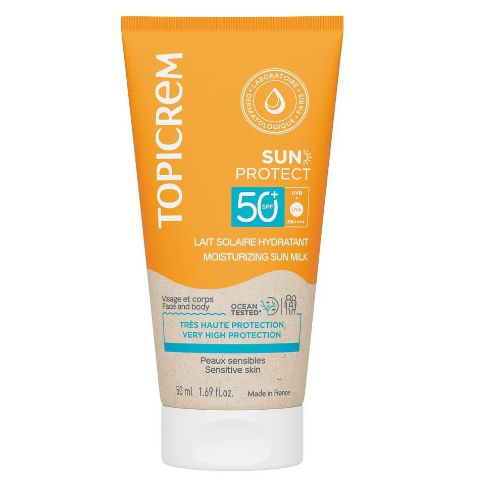 Lait solaire hydratant SPF50+ Topicrem soin apaisant contre le dessèchement solaire