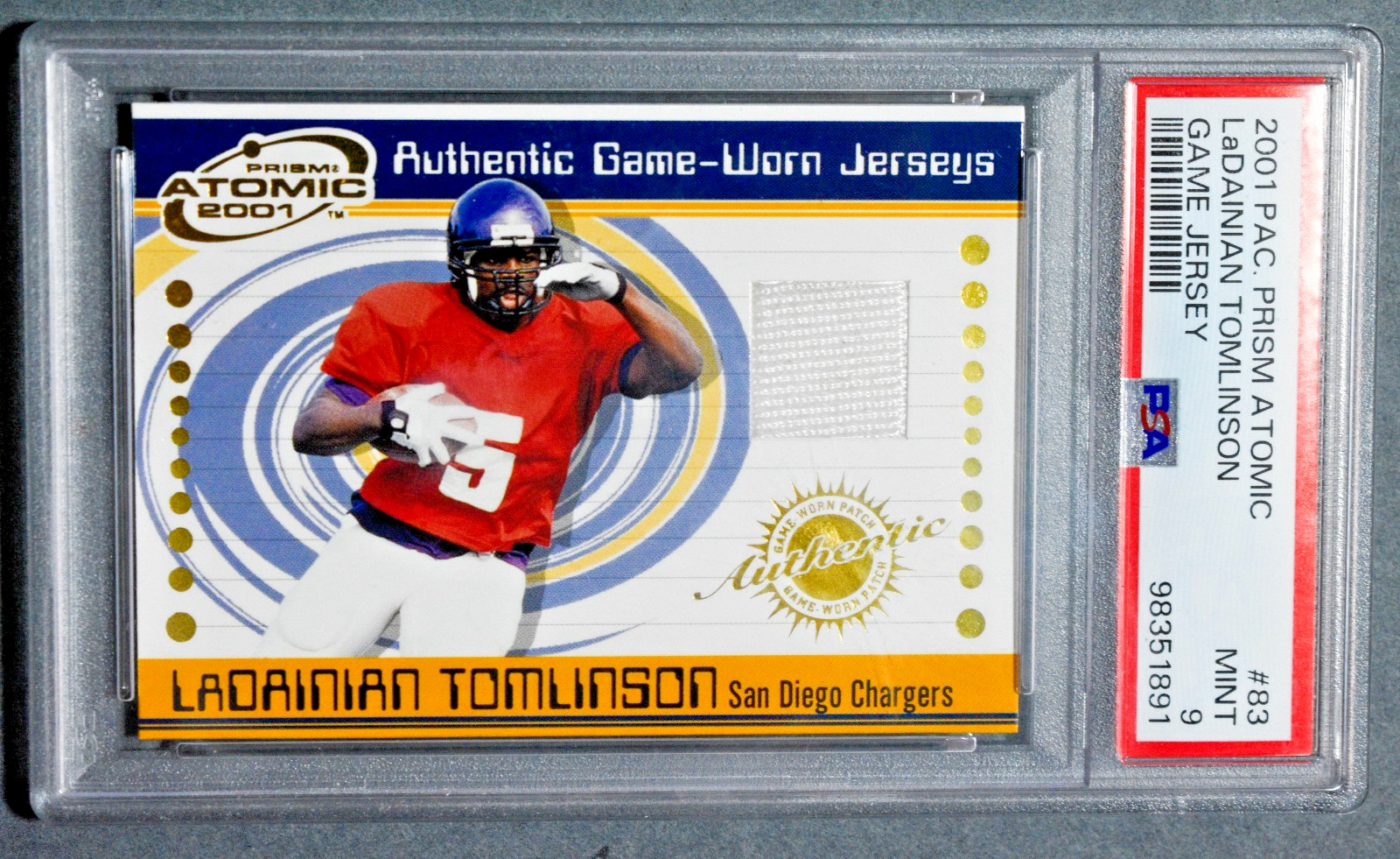 2001 Pacific Prism Atomic #83 Ladainian Tomlinson Rookie Game Worn Patch PSA 9