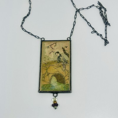 Sterling Silver Japanese Cigarettes Advertising Scenes Pendant Necklace Chain