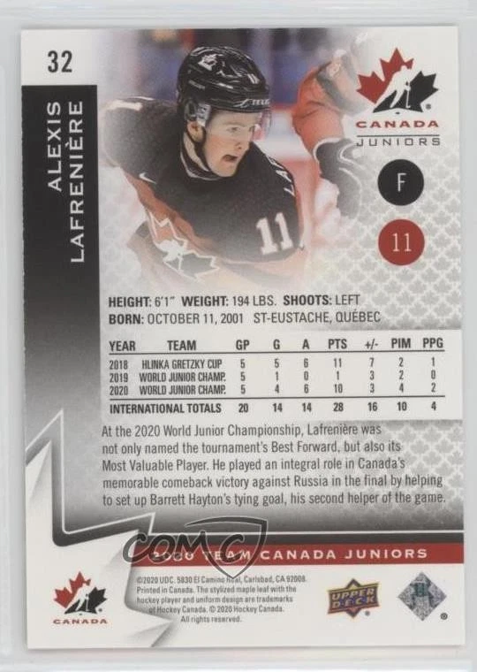 2020 Upper Deck Team Canada Juniors Men's U-20 Alexis Lafreniere #32 Rookie RC - Image 2 of 2