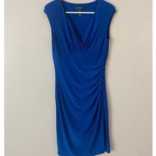 Lauren Ralph Lauren Dress Women 10 Blue Ruched V-Neck Sleeveless Sheath Cocktail