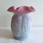 Scott K Fenton Signed Art Glass Vase Blue Burmese Daffodil Design Ruffled Rim