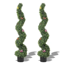 2Pcs 4Ft Artificial Spiral Topiary Trees Outdoor Faux Plants with Butterfly Fron