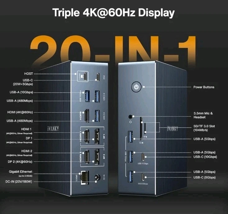 Estación de acoplamiento DisplayLink 20 en 1 FusionDock Pro 2 para MacBook Pro/Air, Tri... Foto 3 de 4