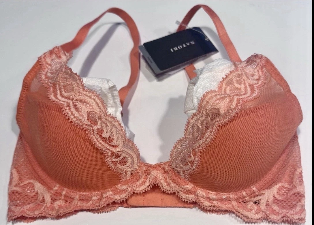 NWT Natori Feathers Plunge Bra 30B Coral Reef Creamsicle Lace Underwire 730023