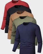 Men's 5Pk Plain Long Sleeve Tee, Regular Casual Round Neck Fitted Shirt Large
