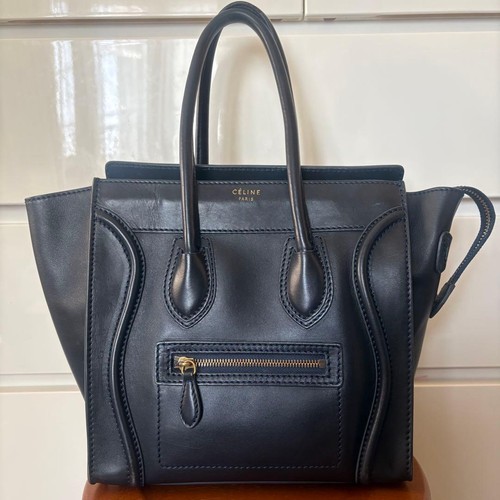 CELINE Luggage Micro Shopper Handbag Navy Leather Used From Japan