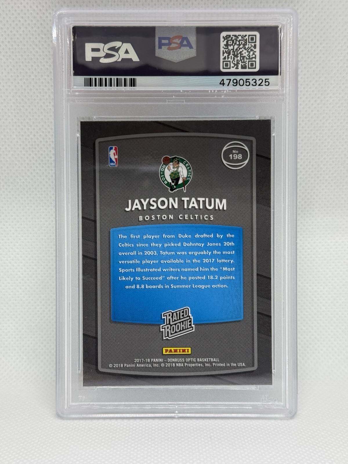 PSA 10 2017-18 Panini Donruss Optic - Rated Rookie Jayson Tatum #198 (RC) view 3