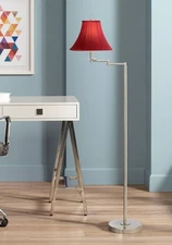 Modern Swing Arm Floor Lamp Brushed Nickel Red Silk Shade Living Room Reading