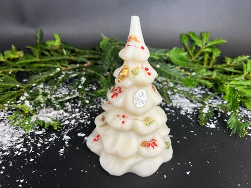 Fenton Burmese Christmas Tree Ivory Hand Painted Signed Poinsettias Gold Bird