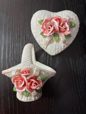 Vintage Floral Jewelry Box Trinket Gift Set 3D Delicate Pink Roses Heart Basket