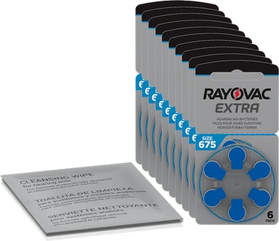 60 piles auditives Rayovac Extra Advanced bleues 675 (10 x 6) + chiffon de ne... - Photo 1/4