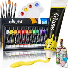 Acrylic Glass Paint Set with 6 Brushes, 1 Palette, 12 Colors Stain Glass Paints