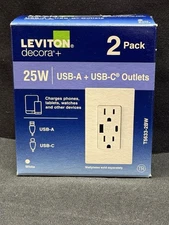 Leviton Decora Plus USB In-Wall charger Outlets 25w - White Brand New Sealed 