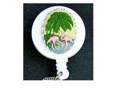 PINK FLAMINGO Retractable ID Holder Badge Reel Keychain Security Card FREE SHIP