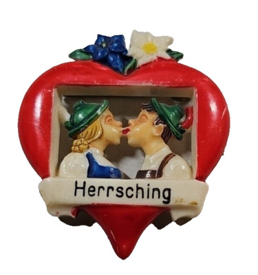 1950's German Celluloid Souvenir Pin Couple Kissing In Heart Flowers Herrsching