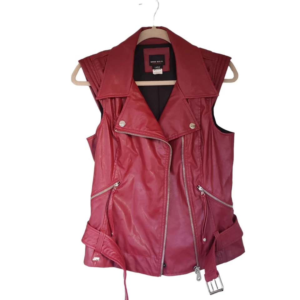Miss Sixty Italy Vest Red Faux Leather Biker Moto RARE Vintage Y2K - Изображение 3 из 4