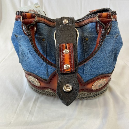Womens Western Purse Handbag Rope Basket Bag Denim Leather Hand Crafted Blue - Picture 7 of 13