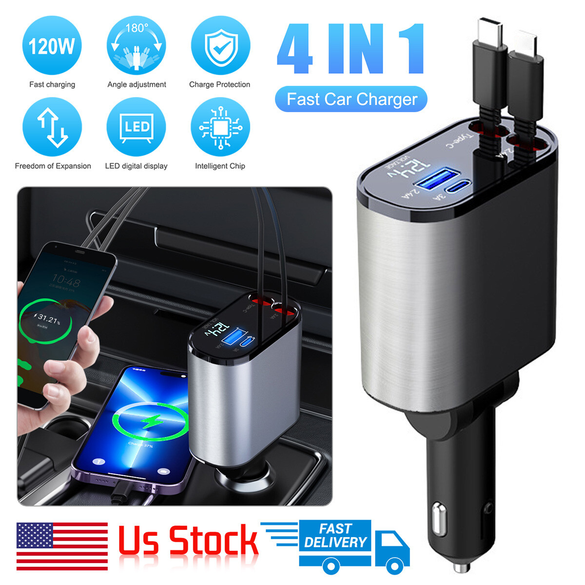 Retractable Dual USB-C Car Charger Fast Charging Adapter for iPhone
