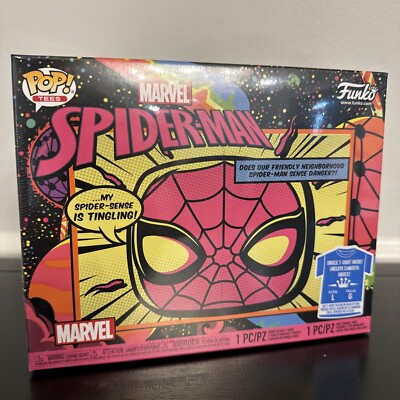 Spider-Man BLACK LIGHT Funko POP & Tee Bundle 652, L Large Shirt, Box Set SEALED