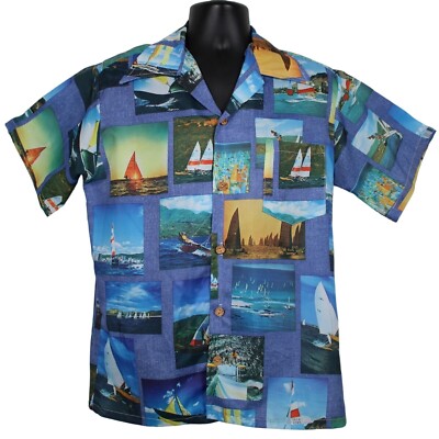 Hobie Catamaran Sailing Hawaiian Aloha Shirt Blue Medium All