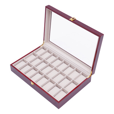 Storage Organizer 24 Grid Ebony Wood Watch Box Case Container Glass Top Jewelry