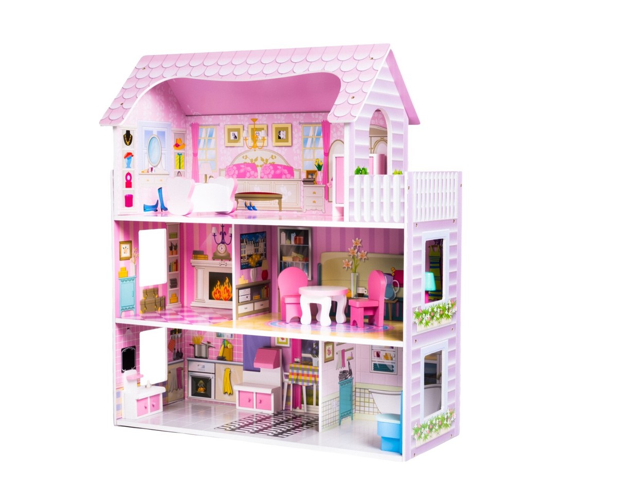 Wooden dolls house complete with items of furniture UK