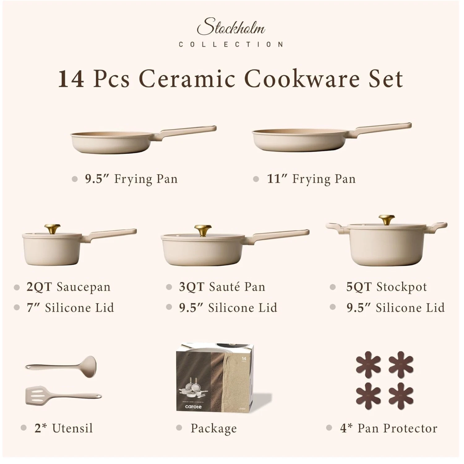 Non-Toxic Ceramic Cookware Set, 14pcs, Light Taupe