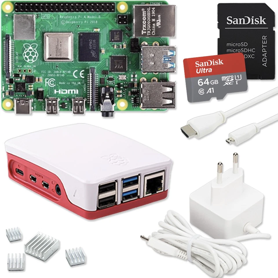Raspberry Pi 4 Set | Netzteil | Gehäuse | 64GB SanDisk Edition | Kühlkörper
