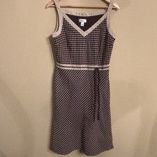 LOFT Dress Women Sz 10 Brown Polka Dot Babydoll Preppy Lined V-Neck Strappy Midi