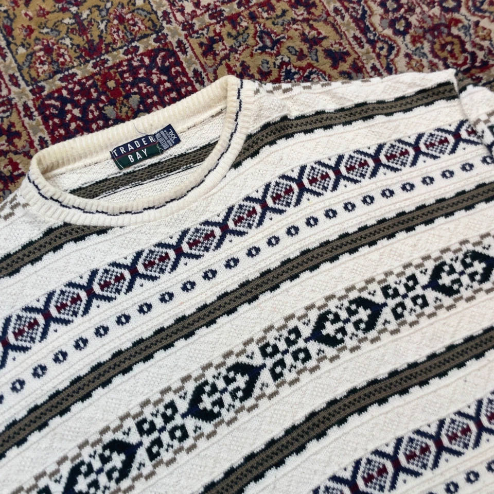 Trader Bay Mens XXL Crewneck Sweater Cream striped Fair Isle Knit heavy usa knit - Image 2 of 4