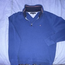 Tommy Hilfiger Blue Solid 1/4 Zip Mock Neck Knit Cotton Pullover Sweatshirt M
