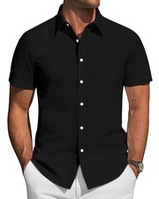 Mens Short Sleeve Button Down Shirt Stretch Business Casual Dress Large Black
