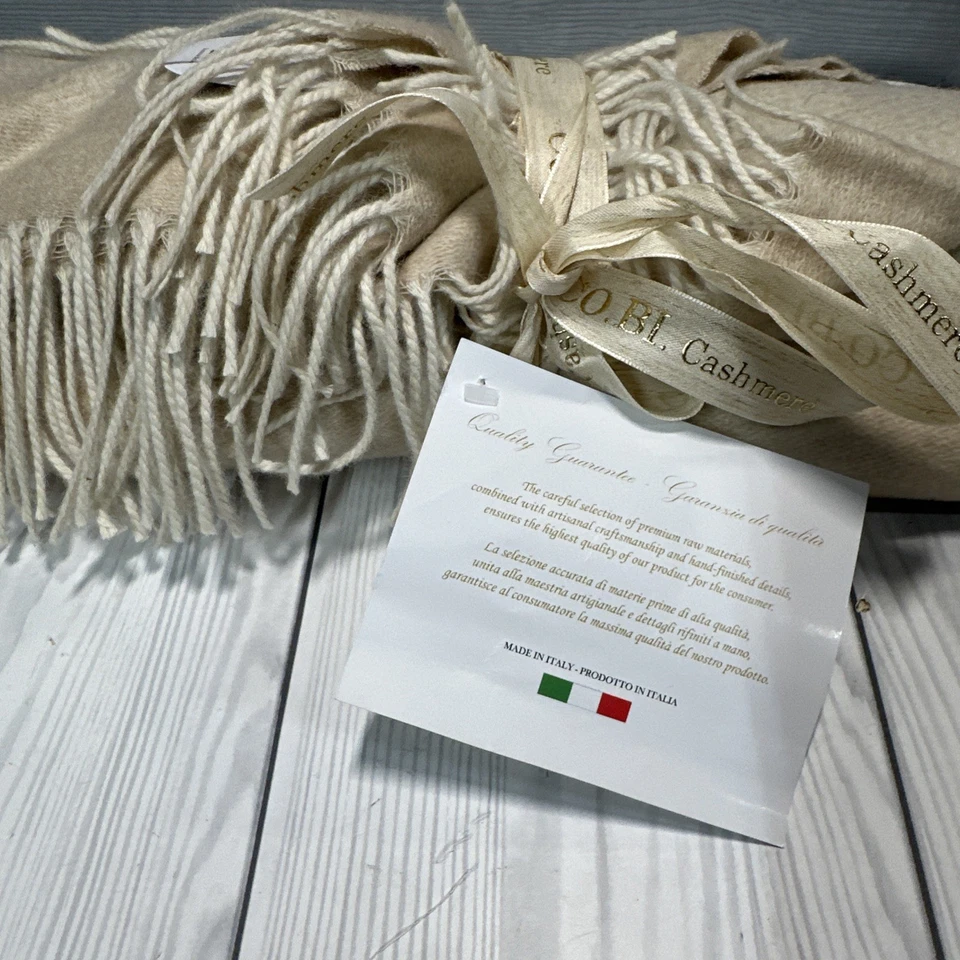 CO. BO 100% кашемировый плед сделано в Италии желтовато-коричневый и легкий крем 55 x 70 бахрома новый - Изображение 4 из 4